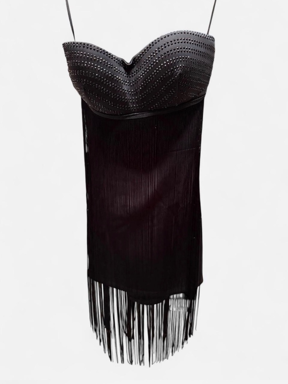 Fashion Nova Black Studded Strapless Fringe Mini Dress